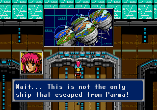 Rika: Wait... This is not the only ship that escaped from Parma! It seems that other similar ships were able to escape successfully. Most of them landed either in Motavia or Dezolis, but it looks like some of them went right out of the Algo solar system. I can't get an accurate number, but it looks like some tens of ships. Chaz: ...So they're still continuing their flight... somewhere in the universe...