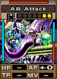 The AB Attack CARD adds 0 Attacking Points. It costs 2 attack points to set. Its range is one square in front. Its Resist Color is red. Its Left Color is blue. Its Right Colors are blue and red.