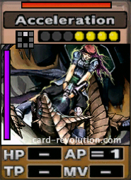 The Acceleration CARD has one fixed Attacking Point. It costs 4 attack points to set. Its range is one square in front. Its Resist Color is red. Its Left Color is purple.