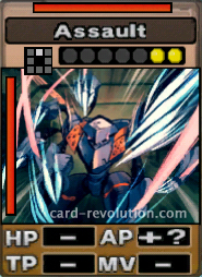 The Assault CARD adds an unknown amount of Attacking Points. It costs 2 attack points to set. Its range is one square in front. Its Resist Color is red. Its Left Color is red.