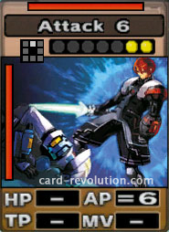 The Attack 6 CARD has 6 fixed Attacking Points. It costs 2 attack points to set. Its range is one square in front. Its Resist Color is red. Its Left Color is red.
