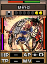 The Bind CARD adds 0 Attacking Points. It costs 2 attack points to set. Its range is one square in front. Its Resist Colors are red and green. Its Left Colors are red and purple. Its Right Color is red.