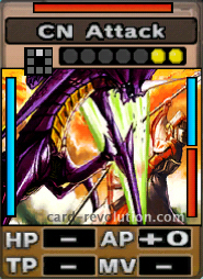 The CN Attack CARD adds 0 Attacking Points. It costs 2 attack points to set. Its range is one square in front. Its Resist Color is red. Its Left Color is blue. Its Right Colors are blue and red.