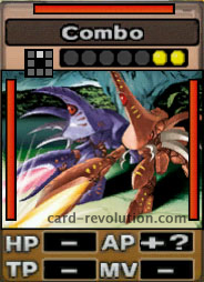 The Combo CARD adds an unknown amount of Attacking Points. It costs 2 attack points to set. Its range is one square in front. Its Resist Color is red. Its Left Color is red. Its Right Color is red.