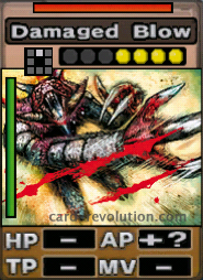 The Damaged Blow CARD adds an unknown amount of Attacking Points. It costs 4 attack points to set. Its range is one square in front. Its Resist Color is red. Its Left Color is green.