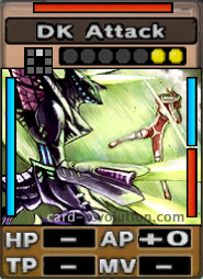 The DK Attack CARD adds 0 Attacking Points. It costs 2 attack points to set. Its range is one square in front. Its Resist Color is red. Its Left Color is blue. Its Right Colors are blue and red.