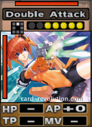 The Double Attack CARD adds 0 Attacking Points. It costs 5 attack points to set. Its range is one square in front. Its Resist Color is red. Its Left Color is red.