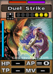 The Duel Strike CARD has 0 fixed Attacking Points. It costs 3 attack points to set. Its range is one square in front. Its Resist Colors are red and purple. Its Left Color is blue.