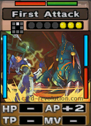 The First Attack CARD adds 2 Attacking Points. It costs 3 attack points to set. Its range is one square in front. Its Resist Colors are red and green. Its Left Color is blue. Its Right Colors are blue and red.