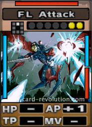 The FL Attack CARD adds one Attacking Point. It costs 2 attack points to set. Its range is one square in front. Its Resist Color is red. Its Left Color is blue. Its Right Colors are blue and red.