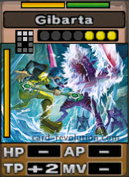 The Gibarta CARD adds 2 Technique Points. It costs 3 attack points to set. Its range is a spread 2 squares long. Its Resist Colors are yellow and green. Its Left Color is yellow.