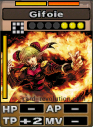 The Gifoie CARD adds 2 Technique Points. It costs 3 attack points to set. Its range is the nearest surrounding squares. Its Resist Colors are yellow and orange. Its Left Color is yellow.