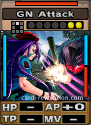 The GN Attack adds 0 Attacking Points. It costs 2 attack points to set. Its range is one square in front. Its Resist Color is red. Its Left Color is blue. Its Right Colors are blue and red.