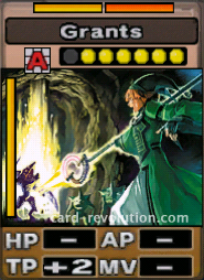 The Grants CARD adds 2 Technique Points. It costs 6 attack points to set. Its range is any square. Its Resist Colors are yellow and orange. Its Left Color is yellow.