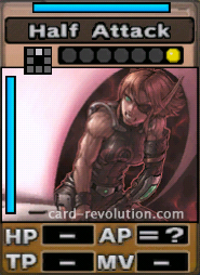 The Half Attack CARD has ? fixed Attacking Points. It costs one attack point to set. Its range is one square in front. Its Resist Color is blue. Its Left Color is blue.