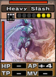 The Heavy Slash CARD adds 4 Attacking Points. It costs 3 attack points to set. Its range is a horizontal line of 3 squares. Its Resist Color is red. Its Left Color is red.