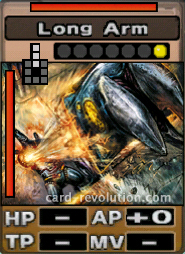 The Long Arm CARD adds 0 Attacking Points. It costs one attack point to set. Its range is 3 squares in front. Its Resist Color is red. Its Left Color is red.