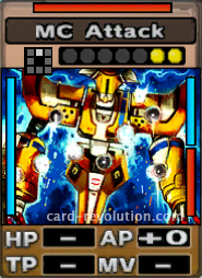 The MC Attack CARD adds 0 Attacking Points. It costs 2 attack points to set. Its range is one square in front. Its Resist Color is red. Its Left Color is blue. Its Right Colors are blue and red.