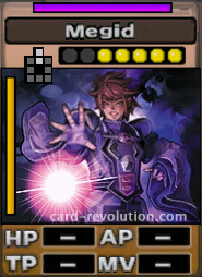 The Megid CARD costs 5 attack points to set. Its range is 2 squares in front. Its Resist Color is purple. Its Left Color is yellow.