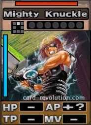 The Mighty Knuckle CARD adds an unknown amount of Attacking Points. It costs 0 attack points to set. Its range is one square in front. Its Resist Color is red. Its Left Color is blue.