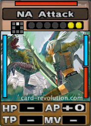 The NA Attack CARD adds 0 Attacking Points. It costs 2 attack points to set. Its range is one square in front. Its Resist Color is red. Its Left Color is blue. Its Right Colors are blue and red.