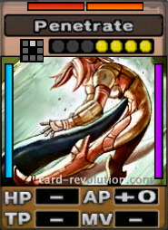 The Penetrate CARD adds 0 Attacking Points. It costs 4 attack points to set. Its range is one square in front. Its Resist Colors are red and orange. Its Left Color is blue. Its Right Color is purple.