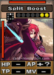 The Split Boost CARD adds an unknown amount of Attacking Points. It costs 2 attack points to set. Its range is one square in front. Its Resist Color is red. Its Left Color is red.