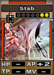 The Stab CARD adds 2 Attacking Points. It costs 2 attack points to set. Its range is 2 squares in front. Its Resist Color is red. Its Left Color is red. Its Right Color is red.
