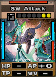 The SW Attack CARD adds 0 Attacking Points. It costs 2 attack points to set. Its range is one square in front. Its Resist Color is red. Its Left Color is blue. Its Right Colors are blue and red.