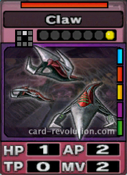 The Claw CARD has 1 Hit Point, 2 Attacking Points, 0 Technique Points and 2 Move Points. It costs 1 attack point to set. Its range is one square in front. Its Resist Color is red. Its Right Colors are blue, red, yellow, purple and green.