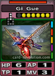 The Gi Gue CARD has 6 Hit Points, 1 Attacking Point, 1 Technique Point and 3 Move Points. It costs 6 attack points to set. Its range is 3 squares in front. Its Resist Color is red. Its Right Colors are blue, red, yellow, purple and green.