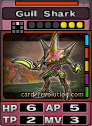 The Guil Shark CARD has 6 Hit Points, 5 Attacking Points, 2 Technique Points and 3 Move Points. It costs 3 attack points to set. Its range is one square in front. Its Resist Color is red. Its Right Colors are blue, red, yellow, purple and green.
