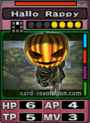 The Hallo Rappy CARD has 6 Hit Points, 4 Attacking Points, 5 Technique Points and 3 Move Points. It costs 4 attack points to set. Its range is one square in front. Its Resist Color is red. Its Right Colors are blue, red, purple and green.