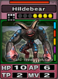 The Hildebear CARD has 10 Hit Points, 6 Attacking Points, 2 Technique Points and 2 Move Points. It costs 4 attack points to set. Its range is a horizontal line of 3 squares. Its Resist Color is red. Its Right Colors are blue, red, yellow, purple and green.