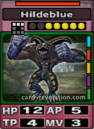 The Hildeblue CARD has 12 Hit Points, 5 Attacking Points, 4 Technique Points and 3 Move Points. It costs 5 attack points to set. Its range is a horizontal line of 3 squares. Its Resist Color is red. Its Right Colors are blue, red, yellow, purple and green.