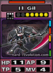 The Il Gil CARD has 11 Hit Points, 9 Attacking Points, 5 Technique Points and 4 Move Points. It costs 5 attack points to set. Its range is a horizontal line of 3 squares. Its Resist Color is red. Its Right Colors are blue, red, yellow, purple and green.