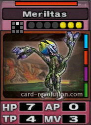 The Meriltas CARD has 7 Hit Points, 0 Attacking Points, 4 Technique Points and 3 Move Points. It costs 3 attack points to set. Its range is one square in front. Its Resist Color is red. Its Right Colors are blue, red, purple and green.