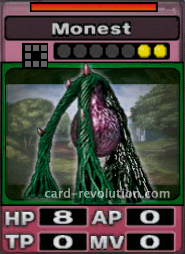The Monest CARD has 8 Hit Points, 0 Attacking Points, 0 Technique Points and 0 Move Points. It costs 2 attack points to set. Its Resist Color is red.