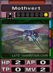 The Mothvert CARD has 2 Hit Points, 0 Attacking Points, 0 Technique Points and 2 Move Points. It costs one attack point to set. Its range is one square in front. Its Resist Color is red. Its Right Colors are blue, red, purple and green.