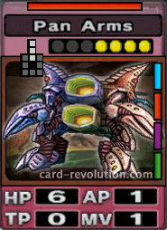 The Pan Arms CARD has 6 Hit Points, 1 Attacking Point, 0 Technique Points and 1 Move Point. It costs 4 attack points to set. Its range is 3 squares in front. Its Resist Color is red. Its Right Colors are blue, red, purple and green.