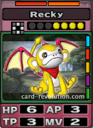 The Recky CARD has 6 Hit Points, 3 Attacking Points, 3 Technique Points and 2 Move Points. It costs 4 attack points to set. Its range is one square in four directions. Its Resist Colors are red and orange. Its Right Colors are blue, red, yellow, purple and green.