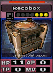 The Recobox CARD has 11 Hit Points, 0 Attacking Points, 0 Technique Points and 0 Move Points. It costs 3 attack points to set. Its Resist Color is red.