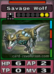 The Savage Wolf has 6 Hit Points, 2 Attacking Points, 0 Technique Points and 3 Move Points. It costs 2 attack points to set. Its range is one square in front. Its Resist Color is red. Its Right Colors are blue, red, purple and green.