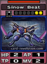 The Sinow Beat CARD has 2 Hit Points, 1 Attacking Point, 0 Technique Points and 2 Move Points. It costs 2 attack points to set. Its range is one square in front. Its Resist Color is red.