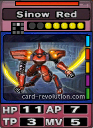 The Sinow Red CARD has 11 Hit Points, 7 Attacking Points, 3 Technique Points and 5 Move Points. It costs 5 attack points to set. Its range is one square in front. Its Resist Color is red. Its Right Colors are blue, red, yellow, purple and green.