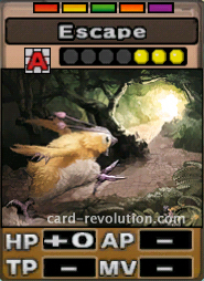 The Escape CARD adds 0 Hit Points. It costs 3 defense points to set. Its range is any square. Its Resist Colors are red, yellow, green, orange and purple.