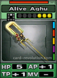 The Alive Aqhu CARD has 5 Hit Points, adds one Attacking Point and one Technique Point. It costs 3 attack points to set. Its range is one square in front. Its Resist Color is red. Its Right Colors are blue, red, yellow, purple and green.