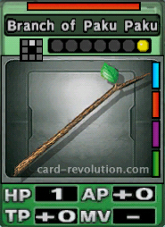 The Branch of Paku Paku CARD has one Hit Point, adds 0 Attacking Points and 0 Technique Points. It costs one attack point to set. Its range is one square in front. Its Resist Color is red. Its Right Colors are blue, red, purple and green.