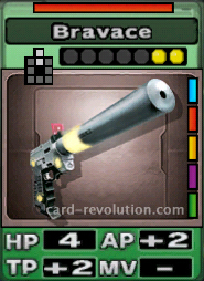 The Bravace CARD has 4 Hit Points, adds 2 Attacking Points and 2 Technique Points. It costs 2 attack points to set. Its range is 2 squares in front. Its Resist Color is red. Its Right Colors are blue, red, yellow, purple and green.