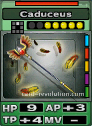 The Caduceus CARD has 9 Hit Points, adds 3 Attacking Points and 4 Technique Points. It costs 5 attack points to set. Its range is one square in front. Its Resist Color is red. Its Right Colors are blue, red, yellow, purple and green.